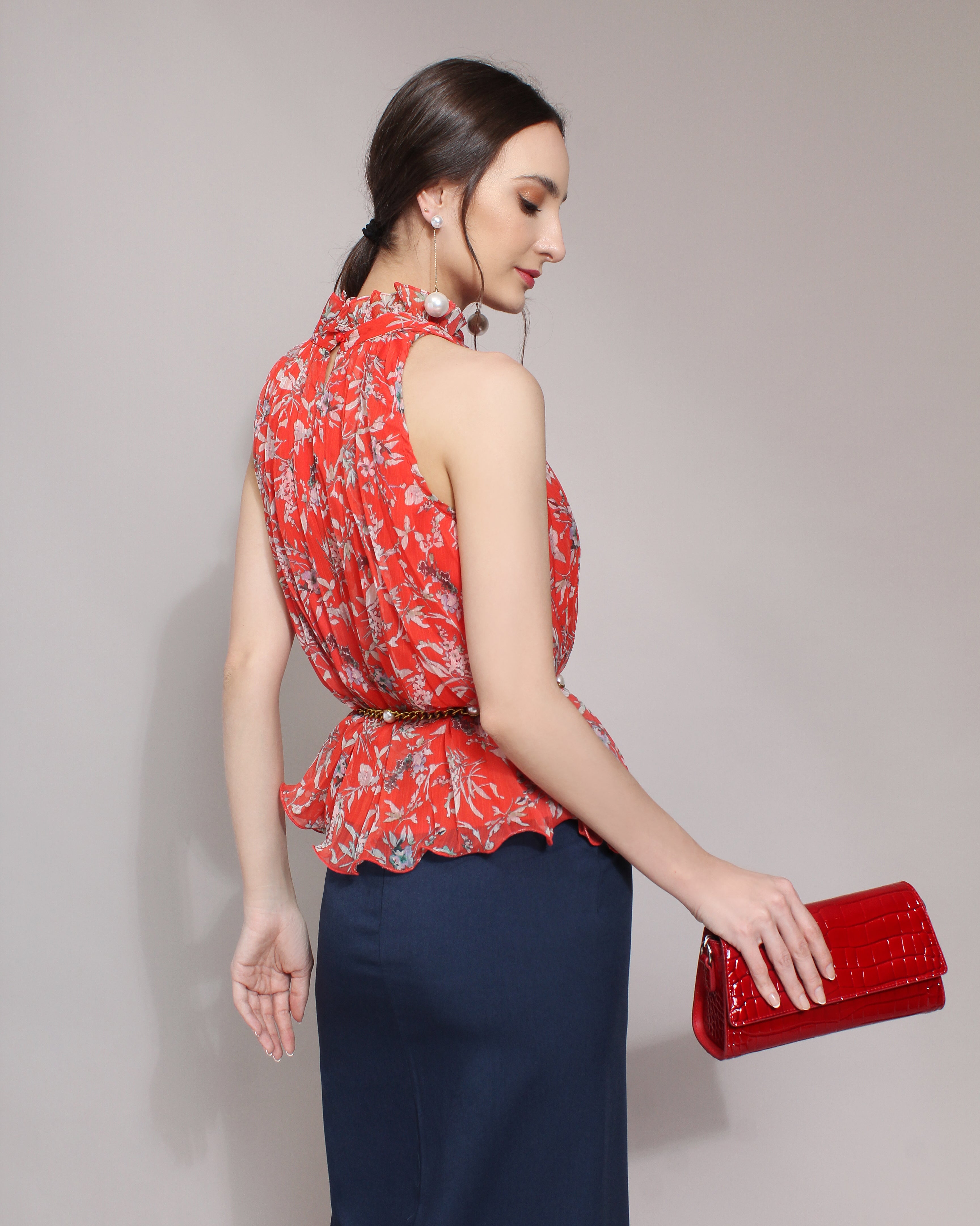 Floral Print High Neck Chiffon Blouse