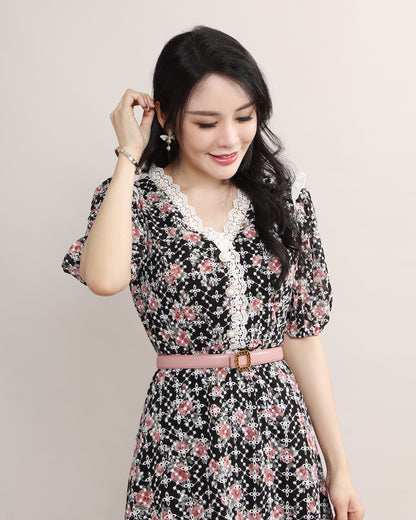 Floral Vintage French Lace Midi Flowy Dress