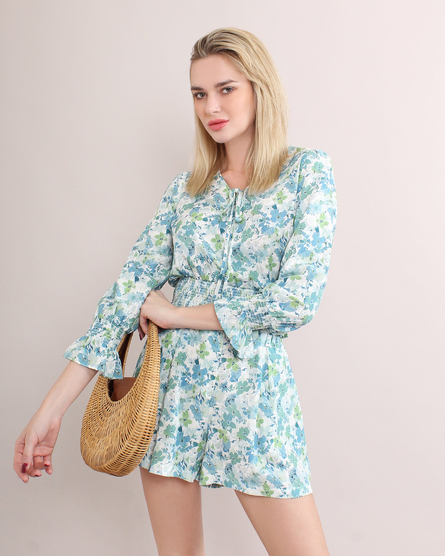 Casual Floral Elastic Waist Blouse and Shorts Set