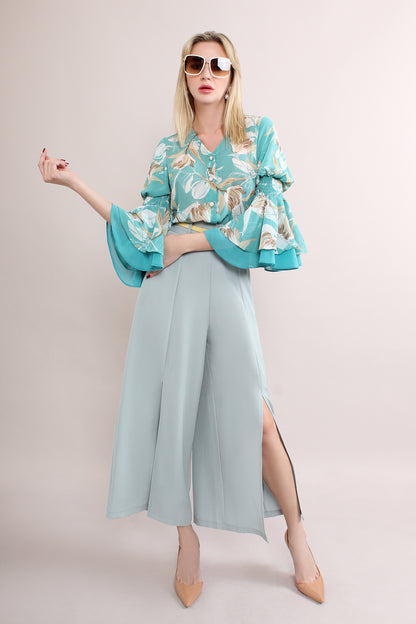 Floral Bias Sleeve Elastic Waist Front Button Blouse
