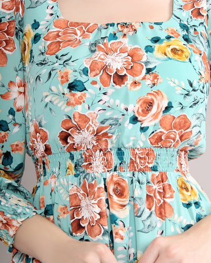 Satin Floral Square Neck Dress